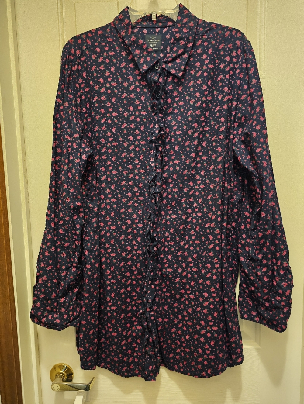 Faded Glory Navy Floral Ruffle-Front Tunic Blouse - XXL